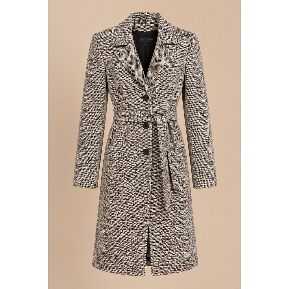 Castro Concept Women Trench Coat 36 Black White Tweed Wool Blend Belted Overcoat